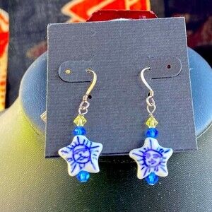 Star face blue and white dangle earrings with Swarovski crystal accents